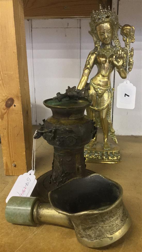 Chinese brass figure, vase and drinking vessel